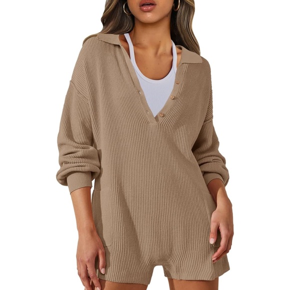 Intimates Pants - NEW Long Sleeve Sweater Rompers V Neck Button Down One Pieces Sweater Outfit